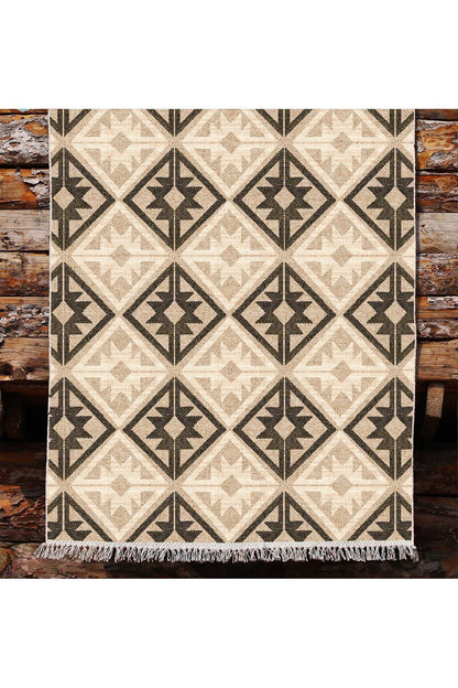 Cotton Kilim48 Jut Zeminli Geneleksel Motifler Modern Dekoratif Yıkanabilen Dokuma Kilim