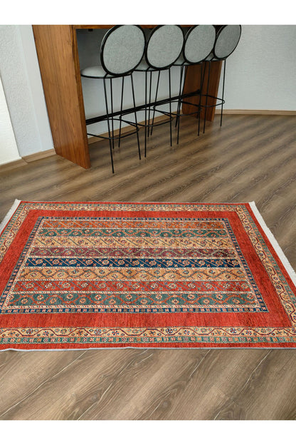 Halı Vagonu Kırmızı Tonlarında Etnik Klasik Eskitme Pamuk  Dokuma Taban Halı 2099