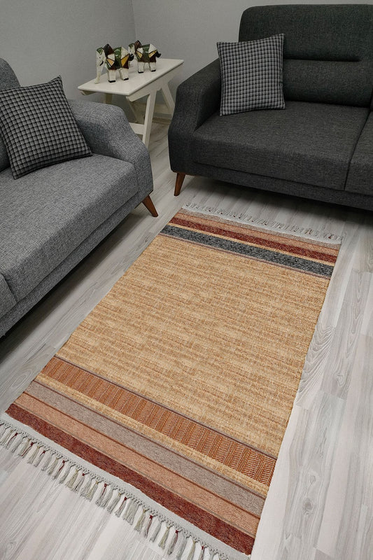 Cotton Serisi Kahve Ve Gri Tonlarında Bordürlü Eskitme Desenli Dekoratif Dokuma Taban Kilim