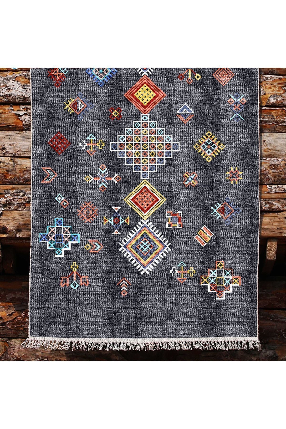 Cotton Kilim 54 Füme Zemin Geleneksel Motifler Modern Dekoratif Saçaklı Yıkanabilen Dokuma Kilim