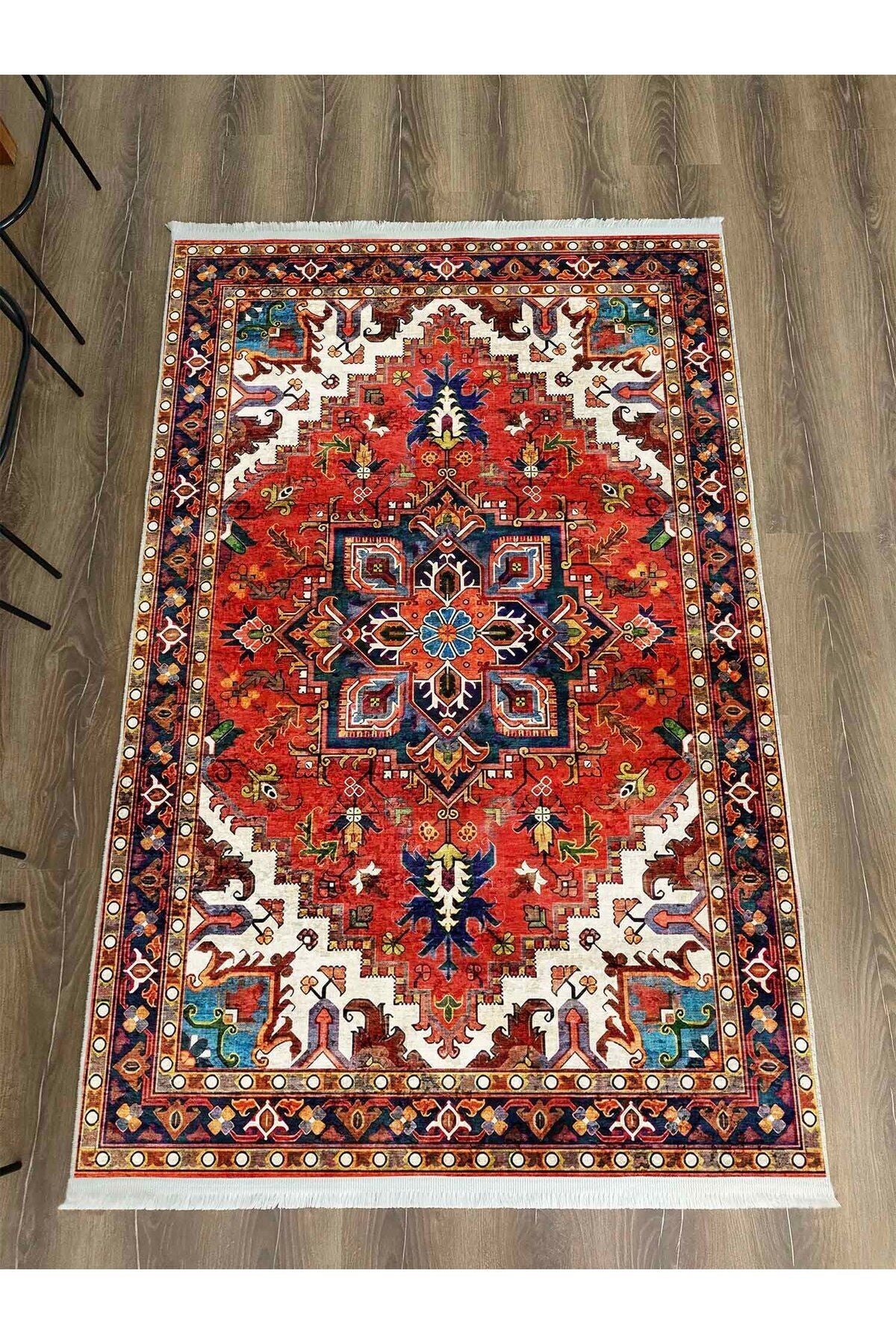 Halı Vagonu Kırmızı Tonlarında Etnik Eskitme Pamuk  Dokuma Taban Halı 2253