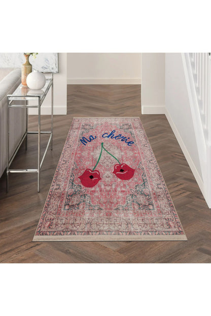 Halı Vagonu 151 Vintage Kırmızı Ma Cherie Yazılı Kiraz Tema  Dokuma Taban Halı