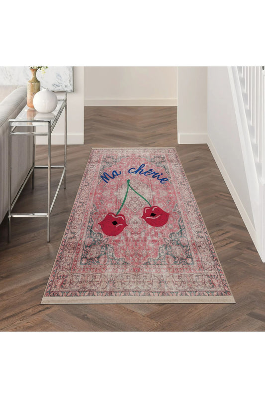 Halı Vagonu 151 Vintage Kırmızı Ma Cherie Yazılı Kiraz Tema  Dokuma Taban Halı
