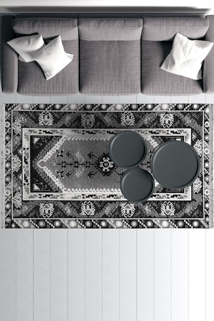 Halı Vagonu Serisi Açık Mavi Tonlarında Bordürlü Desen Kaymaz Taban Şönil Halı