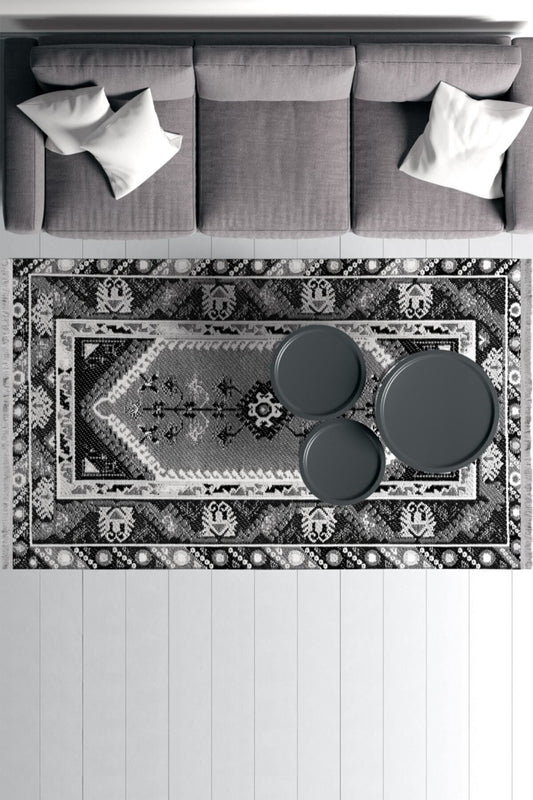 Halı Vagonu Serisi Açık Mavi Tonlarında Bordürlü Desen Kaymaz Taban Şönil Halı