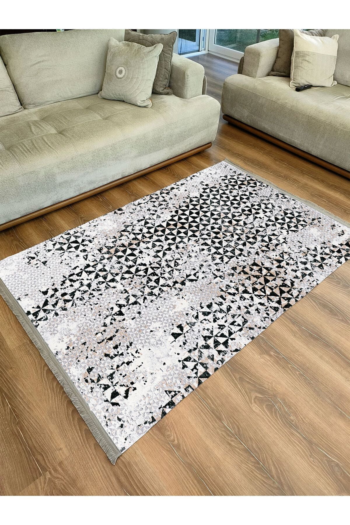 Halı Vagonu 2093 Gri Tonlarında Eskitme Geometrik Desen Kaymaz Taban Dekoratif Halı