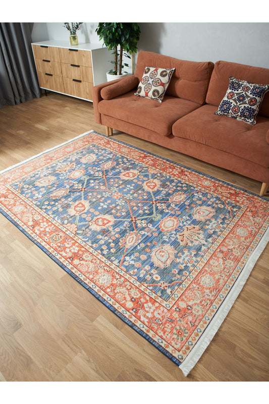 Halı Vagonu 2030 Pastel Lacivert Kiremit Çiçekli Retro Bohem Dokuma Taban Salon Halısı Mutfak Halısı