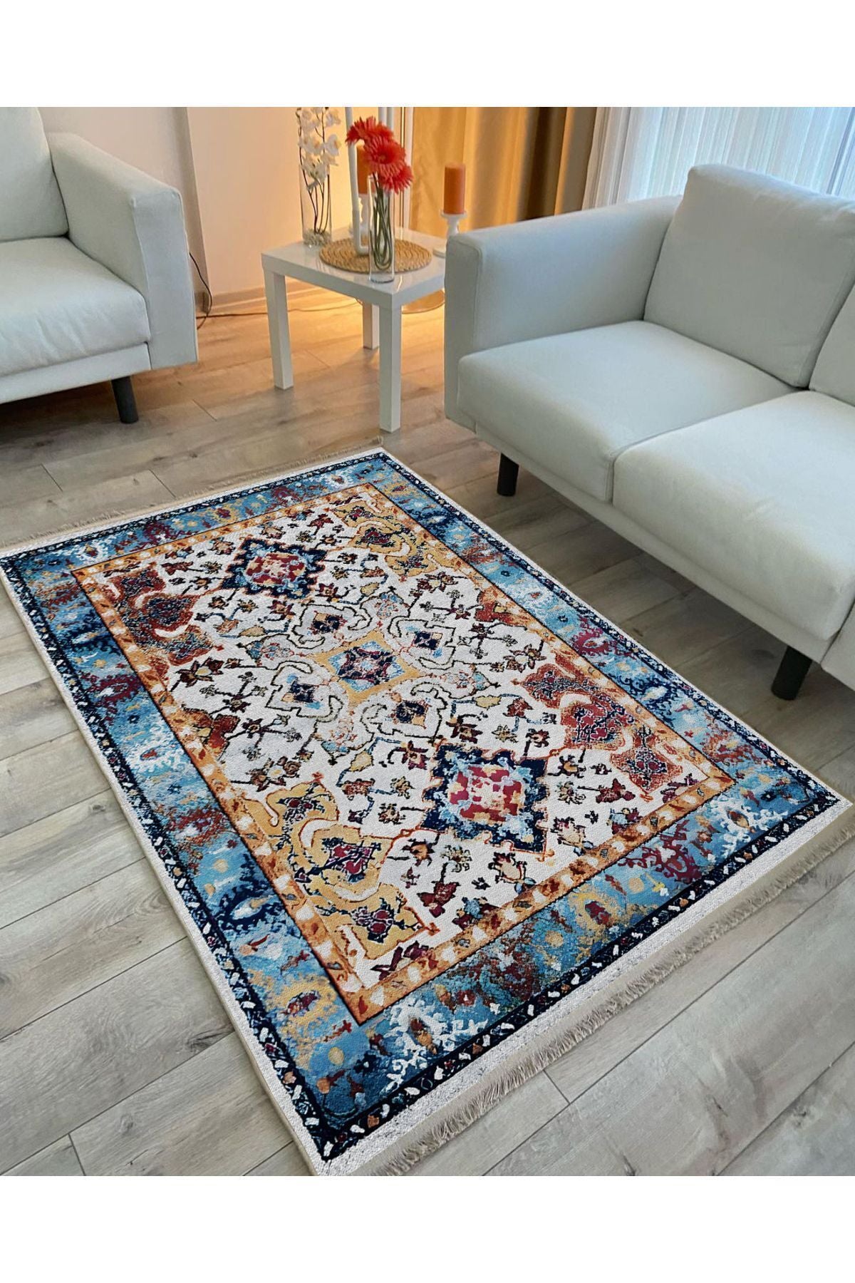 Halı Vagonu Halı 100 Mavi Tonlarında Klasık Dekoratif Halı Salon Halısı Saçaklı Yıkanabilen Halı