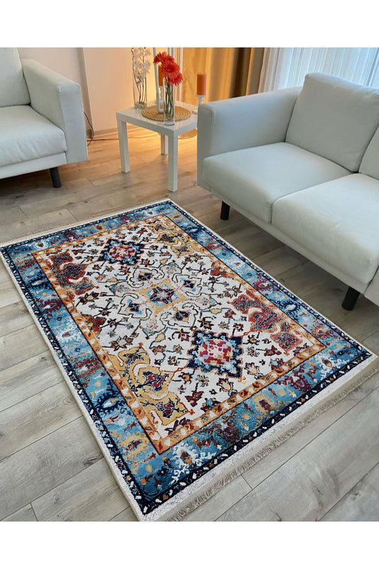 Halı Vagonu Halı 100 Mavi Tonlarında Klasık Dekoratif Halı Salon Halısı Saçaklı Yıkanabilen Halı