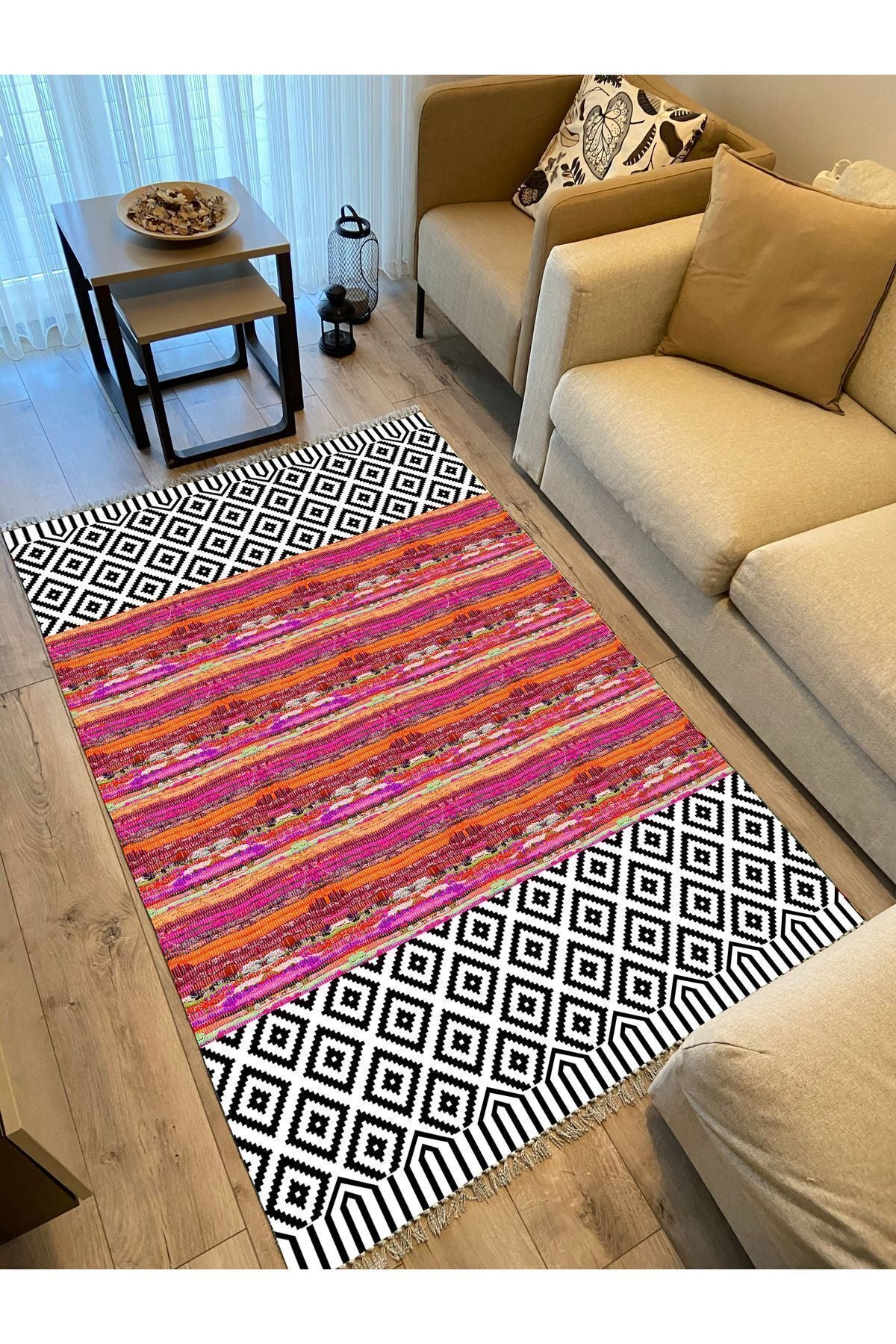 Cotton Kilim 53 Multy Geleneksel Motifler Modern Dekoratif Saçaklı Yıkanabilen Dokuma Kilim