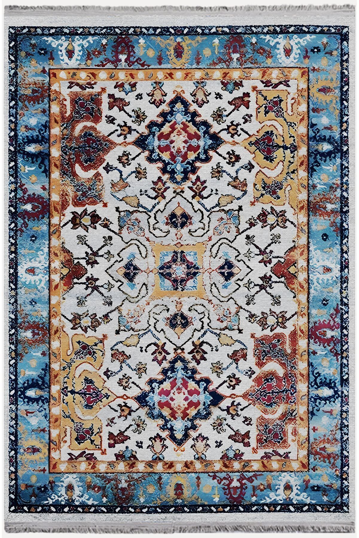 Halı Vagonu Halı 100 Mavi Tonlarında Klasık Dekoratif Halı Salon Halısı Saçaklı Yıkanabilen Halı