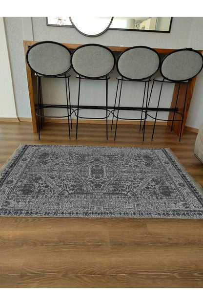 Halı Vagonu Serisi Gri Tonlarında Eskitme Antika Desen Kaymaz Taban Şönil Halı