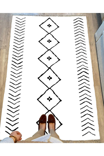 Cotton Serisi Beyaz Siyah Naturel Orta Çağ Desen Dekoratif Dokuma Taban Kilim