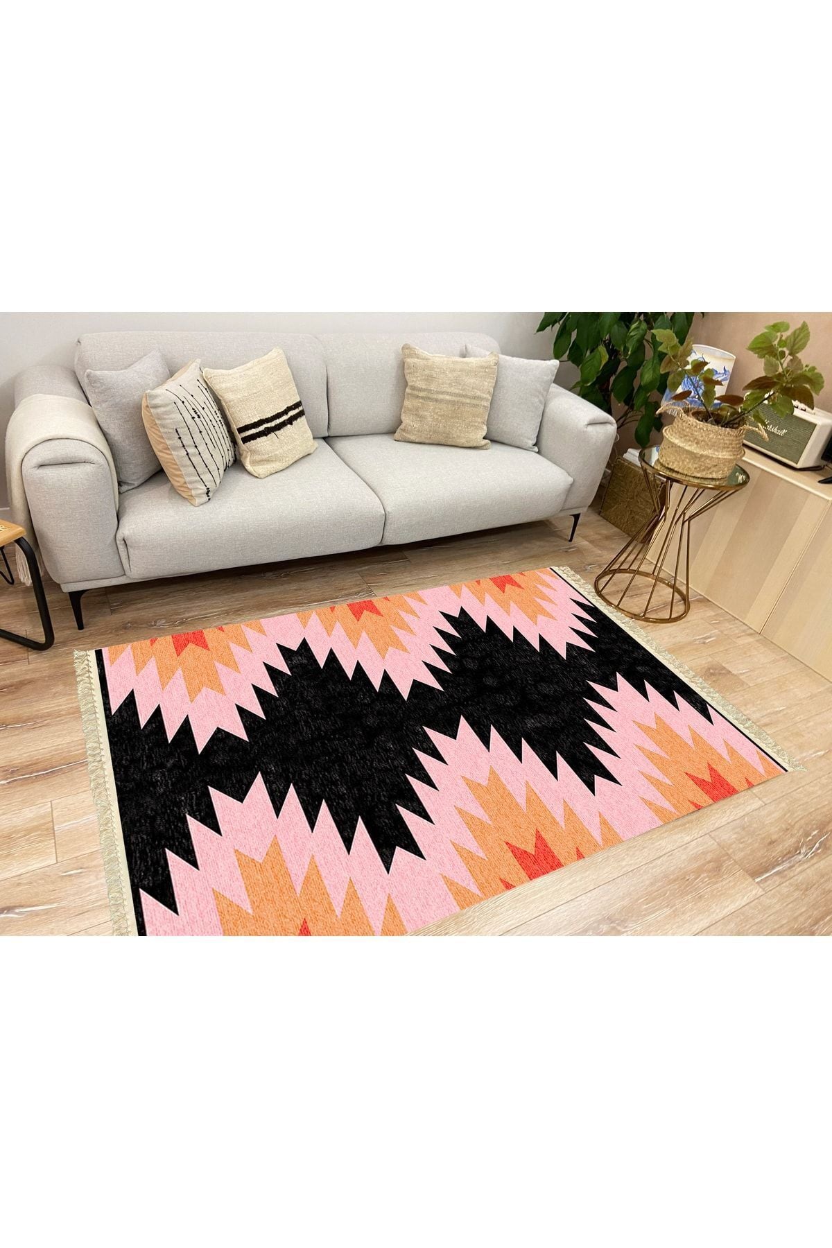 Cotton Serisi Siyah Ve Pembe Tonlarında Geometrik Desen Dekoratif Dokuma Taban Kilim