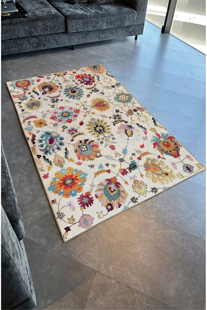 Halı Vagonu 68 Krem Tonunda Dekoratif Salon Halısı Saçaklı Yıkanabilen Dekoratif Halı