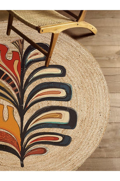 Boho 953 Multy Yaprak Desenli Jüt Rengi Örgü Yuvarlak Natural Çift Taraflı Halı
