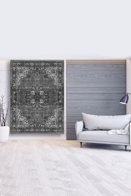 Halı Vagonu 2006 Gri Tonlarında Etnik Desen Kaymaz Taban Dekoratif Halı