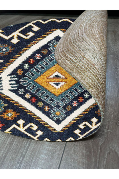 Boho 952 Lacivert Etnik Ve Geometrik Jüt Rengi Örgü Yuvarlak Natural Çift Taraflı Halı