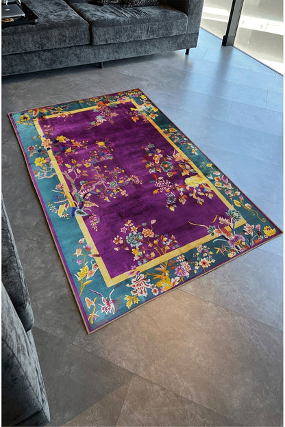 Halı Vagonu 78 Mor Tonlarında Bordürlü Çiçek Temalı Dekoratif Salon Halısı Saçaklı Yıkanabilen Halı