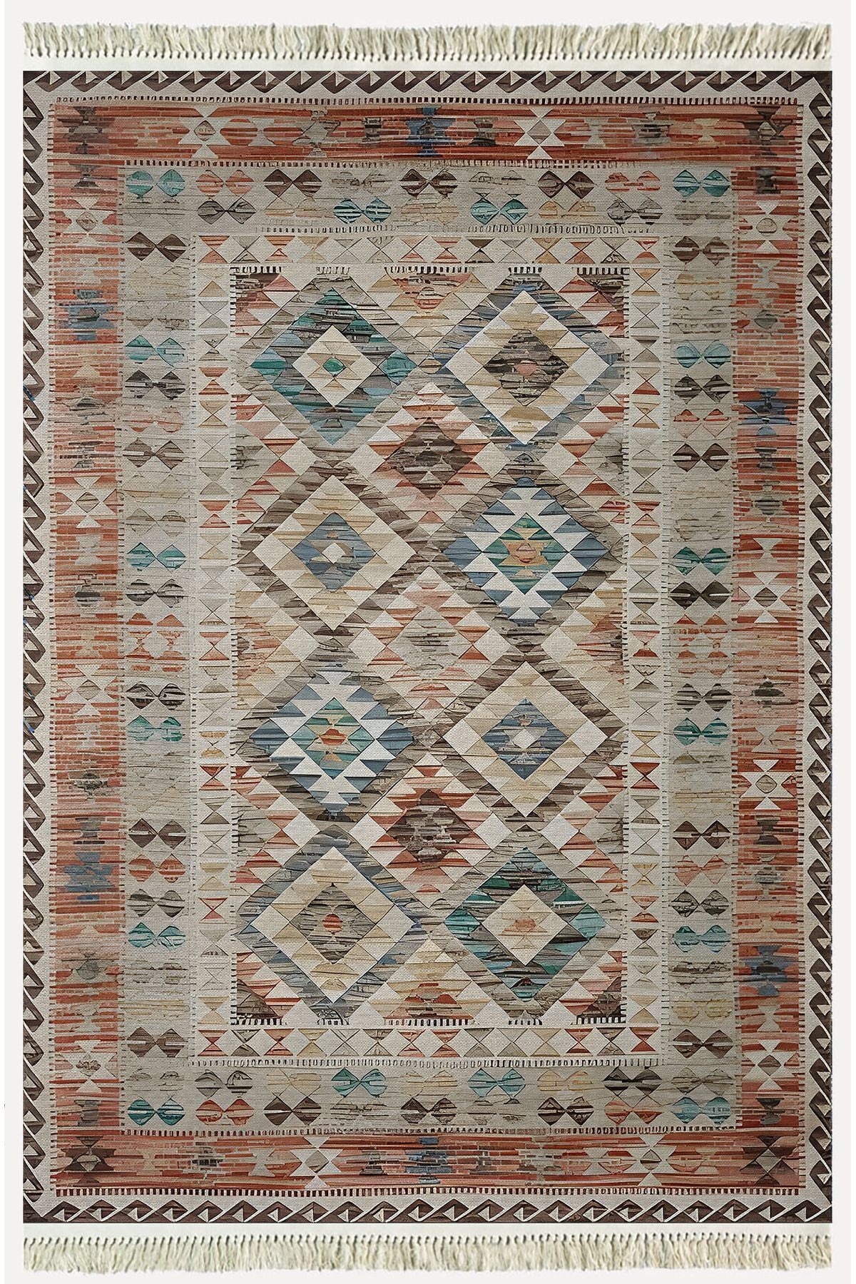 Cotton Kilim 7 Kahve Mavi Tonunda Geometrik Desenli Dekoratif Yıkanabilen Dokuma Taban Kilim