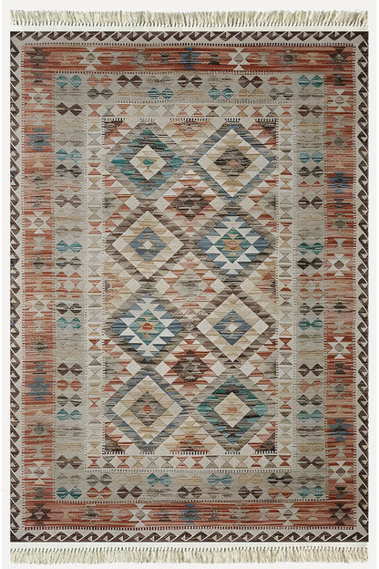 Cotton Kilim 7 Kahve Mavi Tonunda Geometrik Desenli Dekoratif Yıkanabilen Dokuma Taban Kilim