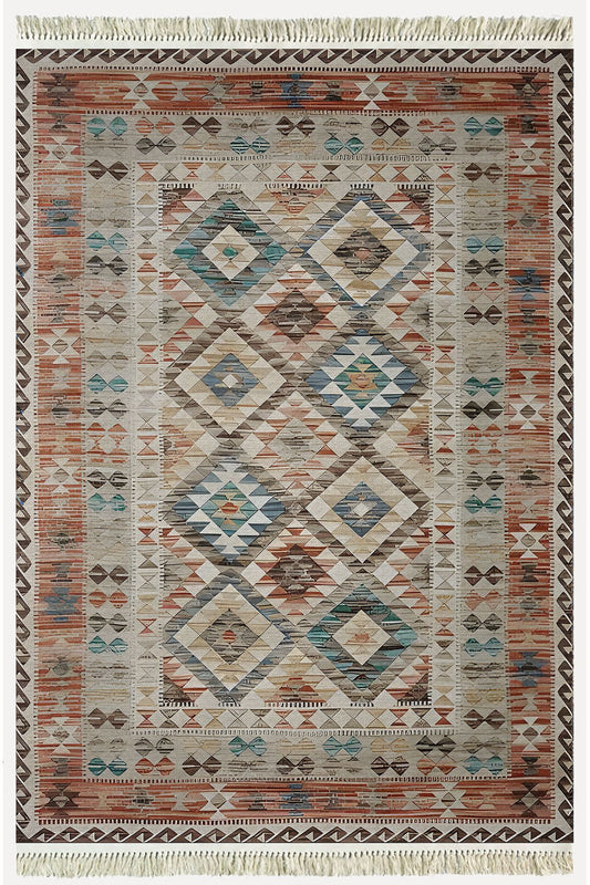 Cotton Kilim 7 Kahve Mavi Tonunda Geometrik Desenli Dekoratif Yıkanabilen Dokuma Taban Kilim