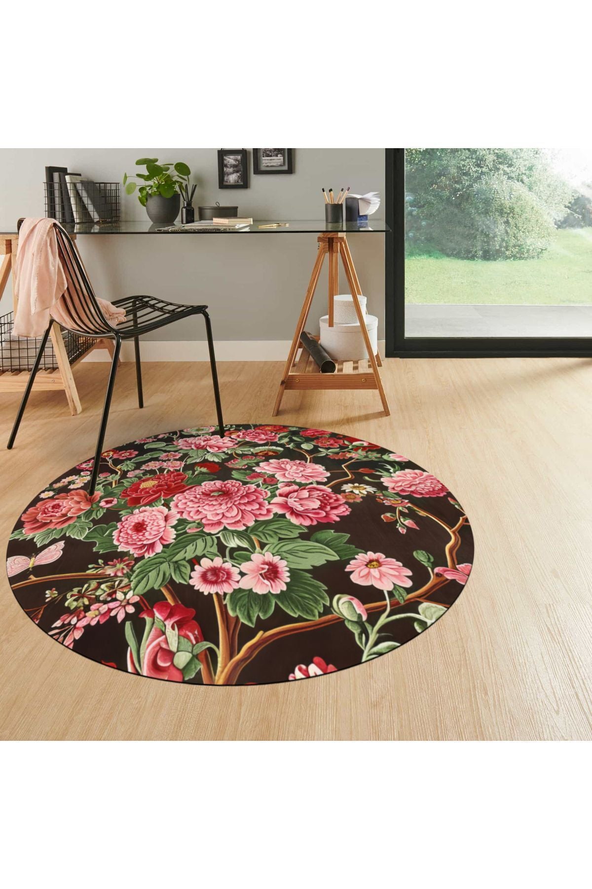 Halı Vagonu 144 Bahar Çiçekleri Kırmızı Yeşil Çok Renkli Yuvarlak Halı