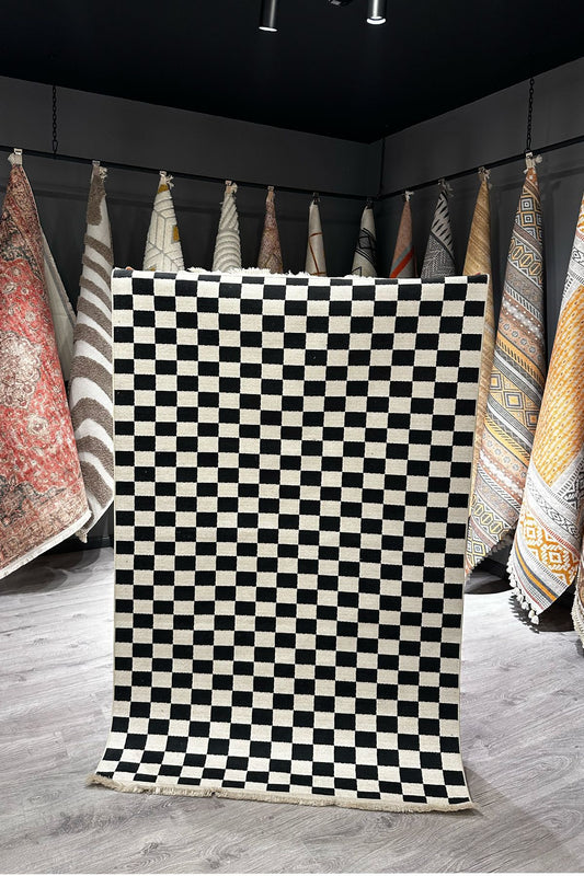 Dama Desenli Krem Siyah Salon Halısı Mutfak Halısı Yolluk Otantik Halı Halı Vagonu 229