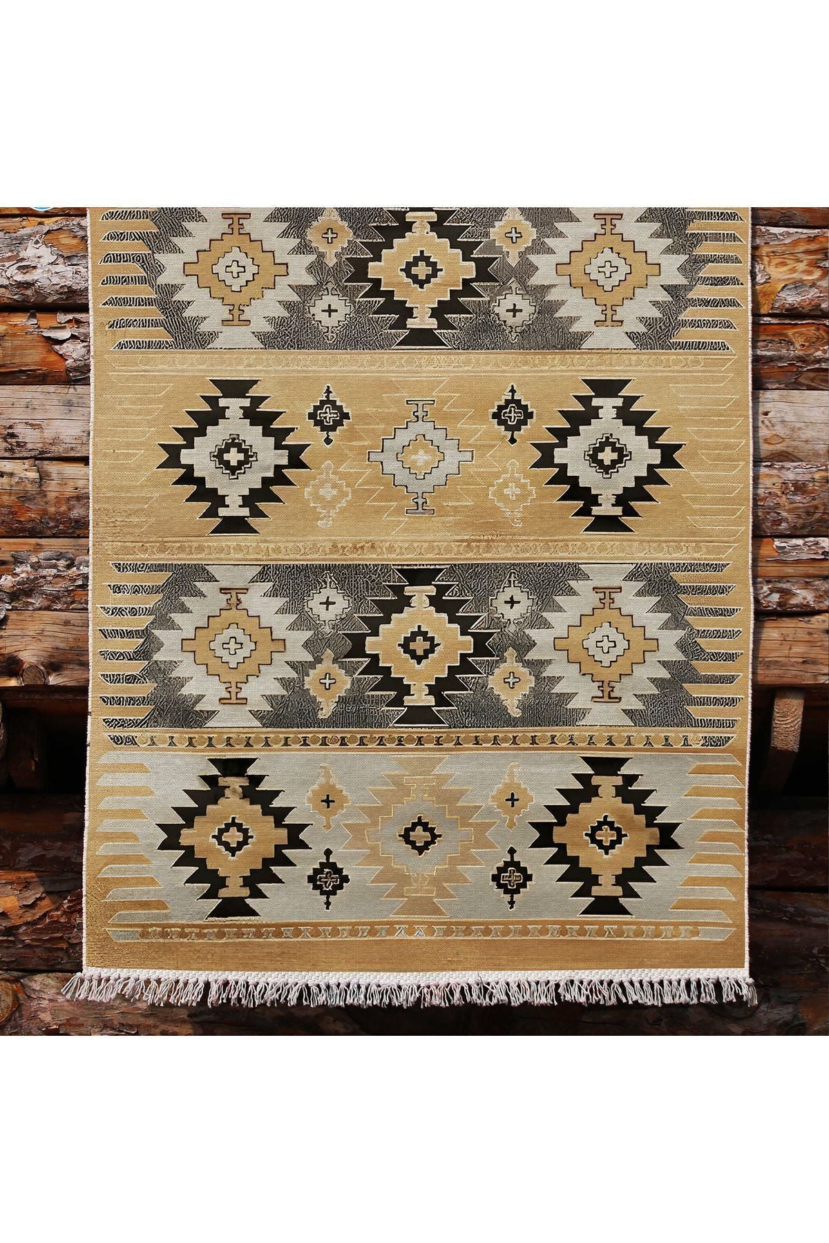 Cotton Kilim 4 Hardal Tonunda Geometrik Desenli Dekoratif Yıkanabilen Dokuma Taban Kilim