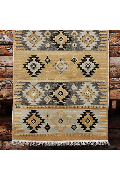 Cotton Kilim 4 Hardal Tonunda Geometrik Desenli Dekoratif Yıkanabilen Dokuma Taban Kilim