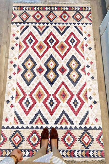 Cotton Serisi Multy Tonlarında Geometrik Hasır Görünümlü Otantik Dekoratif Dokuma Taban Kilim