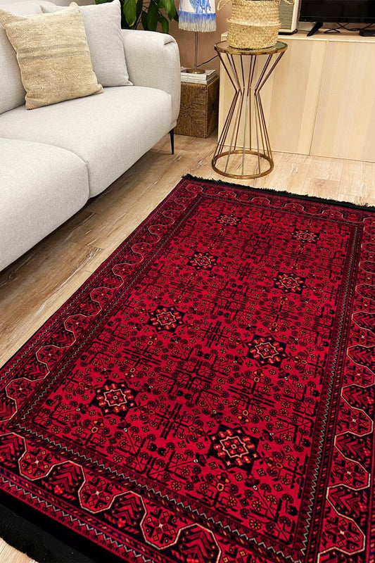 Halı Vagonu 2008 Kırmızı Tonda Bordürlü Geometrik Afgan Desen Kaymaz Taban Dekoratif Halı