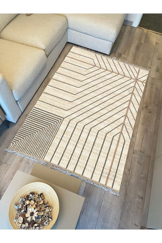 Cotton Kilim 38 Doğal Jut Renklı Giometrik Modern Desenli Dekoratif Yıkanabilen Dokuma Taban Kilim - HALI VAGONU