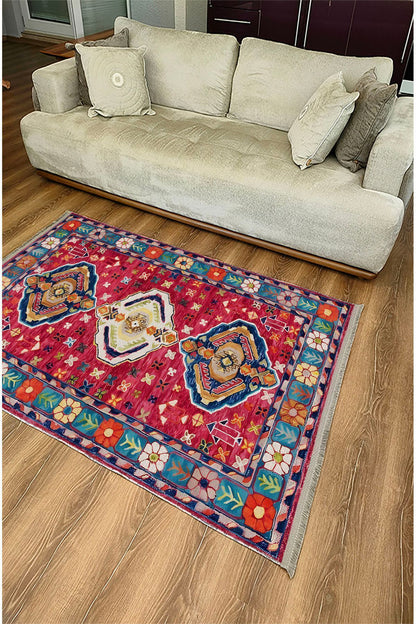 Halı Vagonu111 Etnik Anadolu Halısı Dekoratif Salon Halısı Saçaklı Yıkanabilen Halı