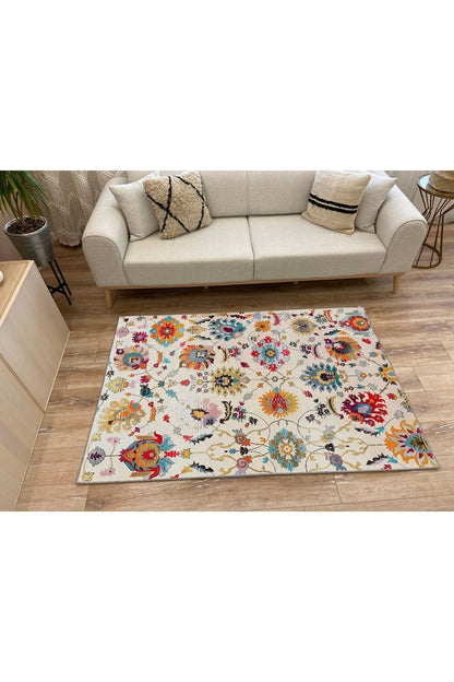 Halı Vagonu 68 Krem Tonunda Dekoratif Salon Halısı Saçaklı Yıkanabilen Dekoratif Halı