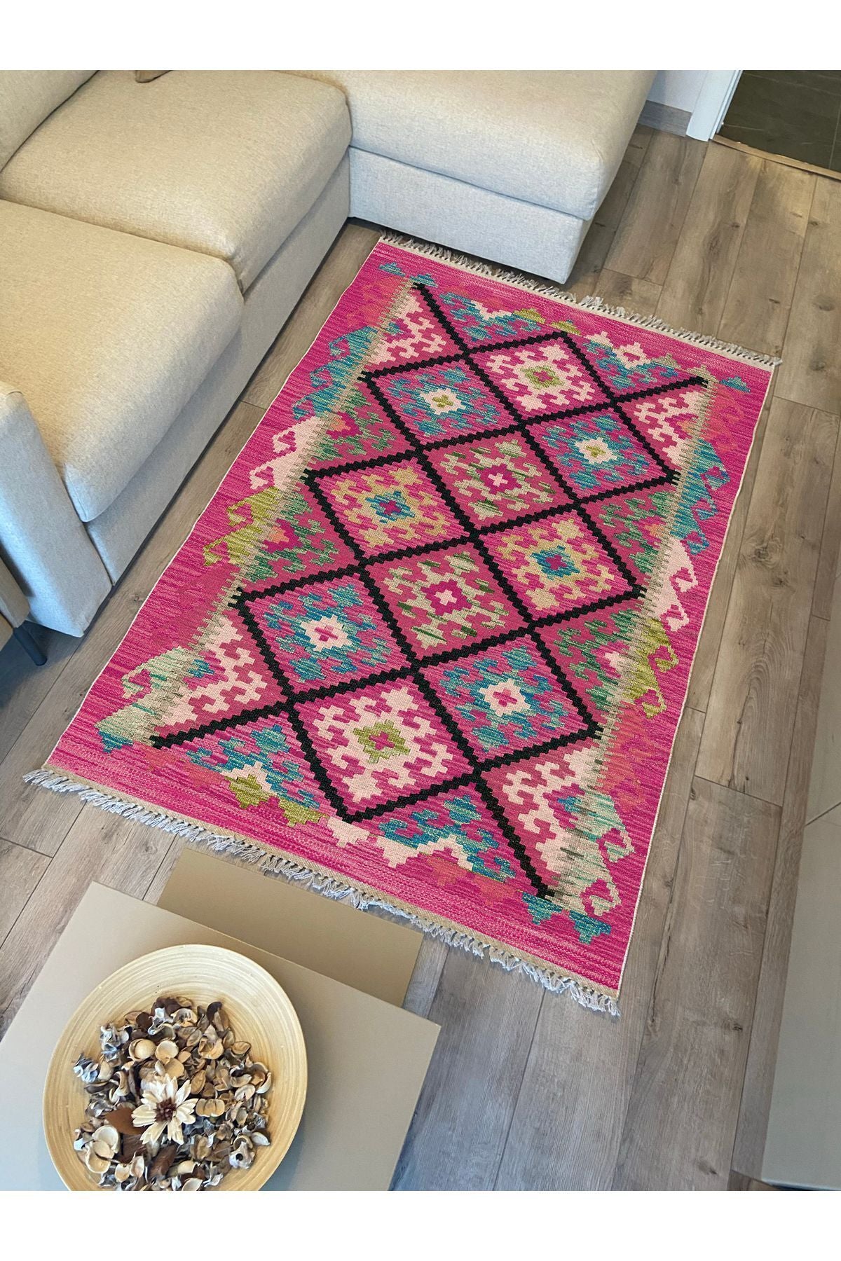 Cotton Kilim 61 Füşya Geleneksel Motifler Modern Dekoratif Saçaklı Yıkanabilen Dokuma Kilim
