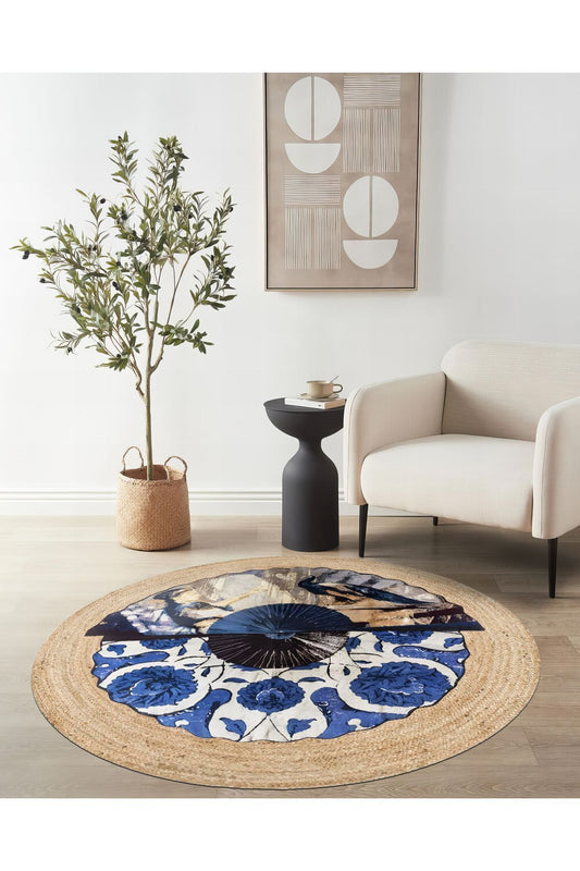 Boho 960 Blue Blanc Botanik Desenli Örgü Yuvarlak Natural Çift Taraflı Halı