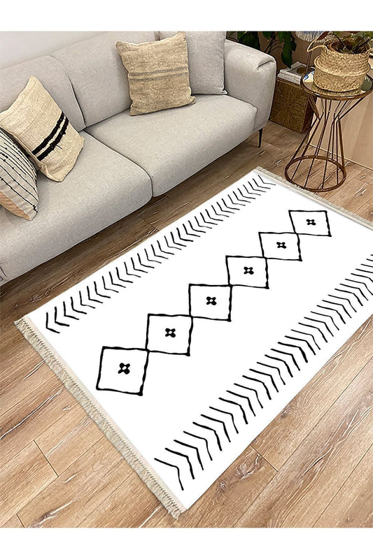 Cotton Serisi Beyaz Siyah Naturel Orta Çağ Desen Dekoratif Dokuma Taban Kilim