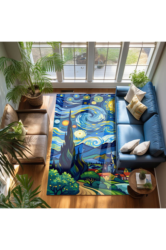 van gogh yıldızlı geceler Pastel Tonlarında Dokuma Taban Salon Halısı Çocuk Halısı  Halı Vagonu 259