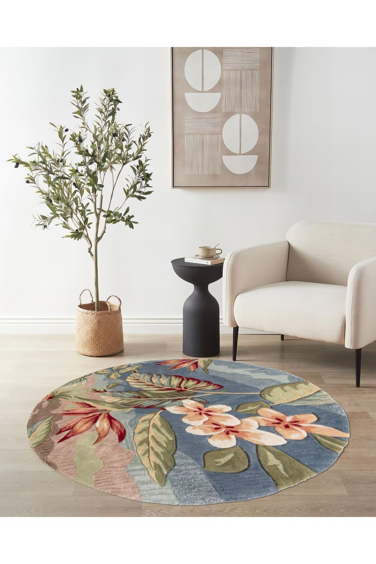 Halı Vagonu 153 Pastel Tonlar Çiçekli Floral Çok Renkli Dokuma Taban Yuvarlak Halı