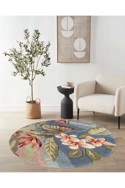 Halı Vagonu 153 Pastel Tonlar Çiçekli Floral Çok Renkli Dokuma Taban Yuvarlak Halı