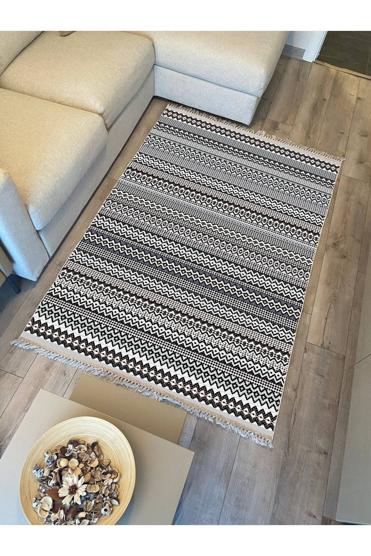 Cotton Kilim 56 Gri Desenli Geleneksel Motifler Modern Dekoratif Saçaklı Yıkanabilen Dokuma Kilim