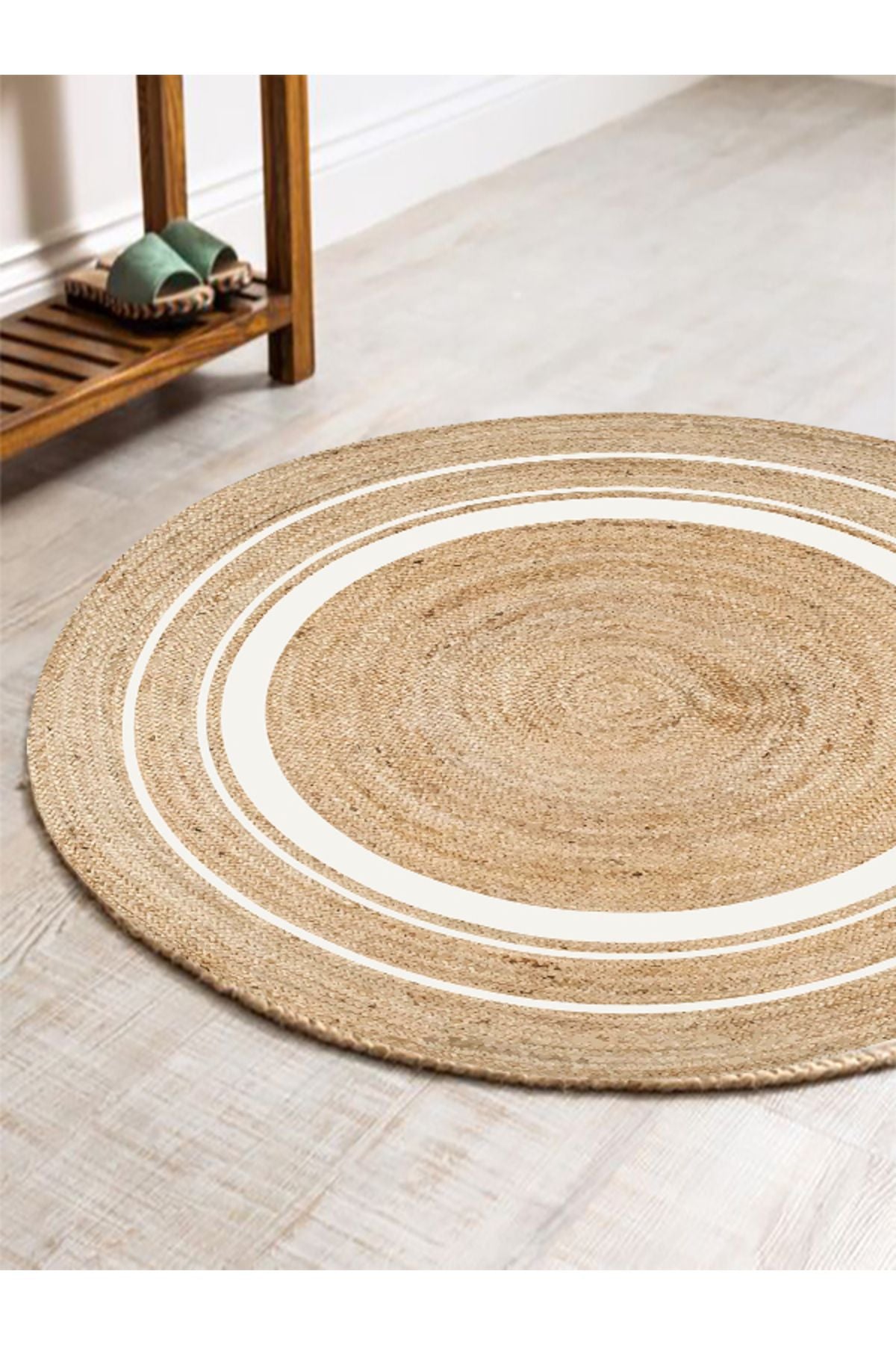 Boho 991 Natural Jüt Görünümlü Desen Üzerine Beyaz Halkalar Yuvarlak Natural Çift Taraflı Halı