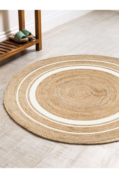 Boho 991 Natural Jüt Görünümlü Desen Üzerine Beyaz Halkalar Yuvarlak Natural Çift Taraflı Halı