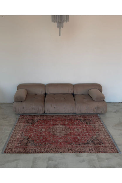 Halı Vagonu 2130 Kırmızı Gri Pastel Klasik Vintage Dokuma Taban Halı