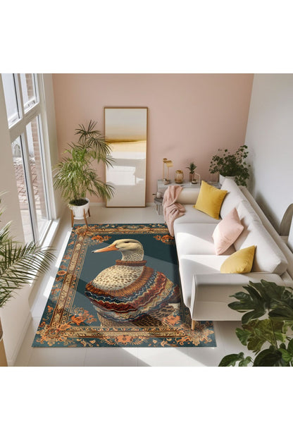 Ördek Temalı Yeşil Tonlarında Pastel Botanik  Dokuma Taban Salon Halısı Çocuk Halısı  HV  256