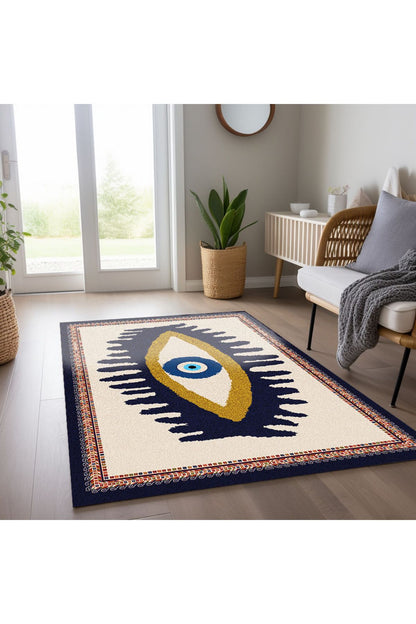 Göz Temalı Mavi Pastel Tonlarında Nazar Boncuğu Dokuma Taban Salon Halısı Çocuk Halısı  HV  252