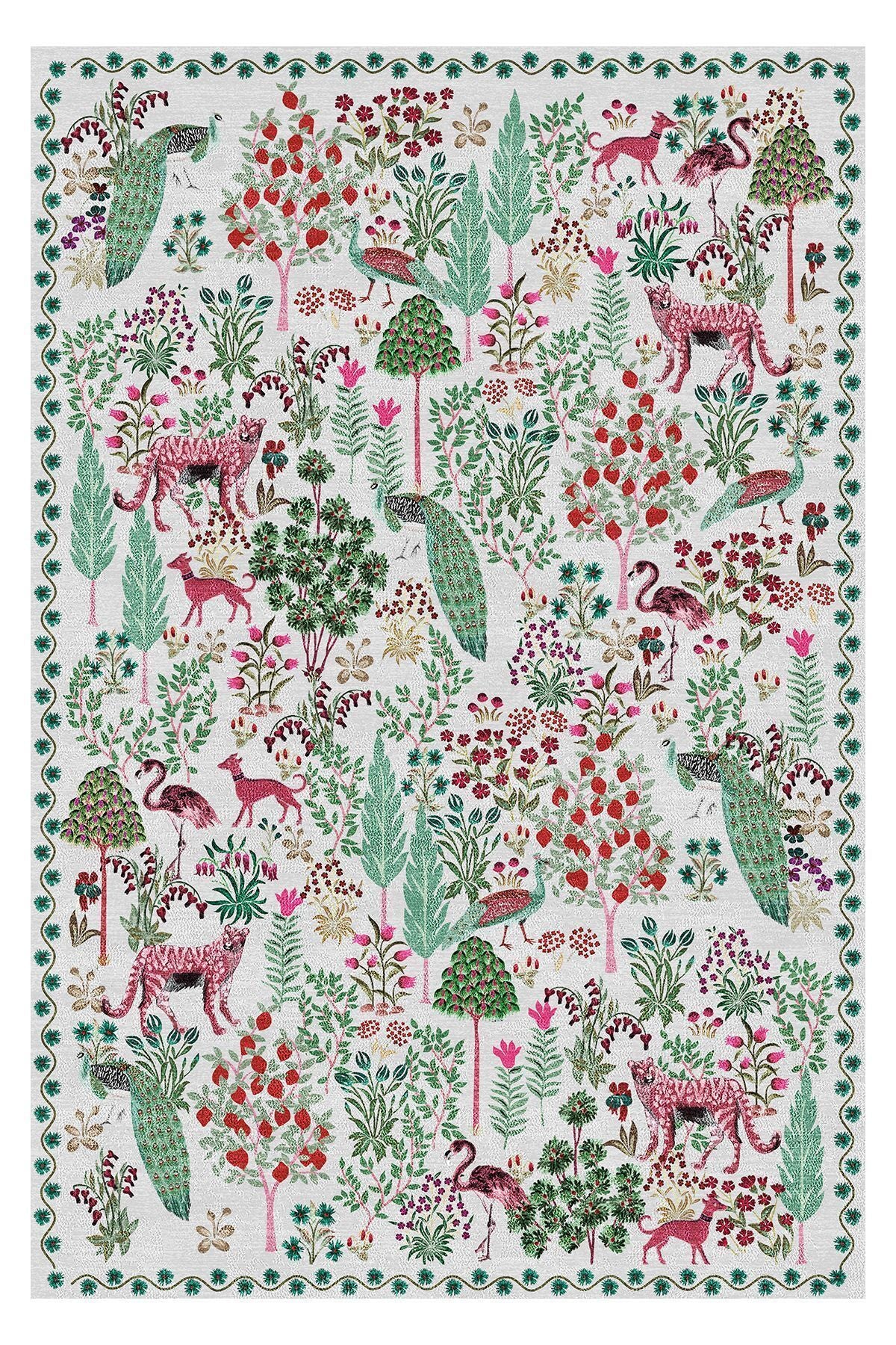 Halı Vagonu 195 Yeşil Pembe Botanik Çiçeksi Pastel Modern Dokuma Taban Halı