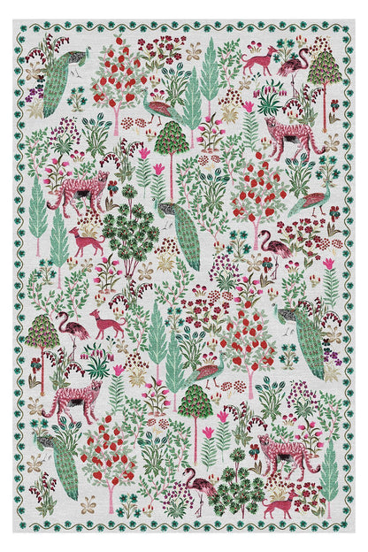 Halı Vagonu 195 Yeşil Pembe Botanik Çiçeksi Pastel Modern Dokuma Taban Halı