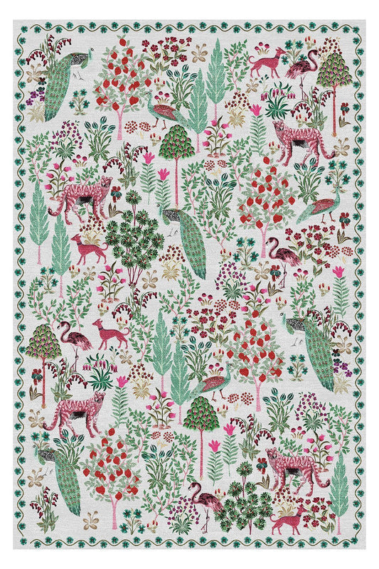 Halı Vagonu 195 Yeşil Pembe Botanik Çiçeksi Pastel Modern Dokuma Taban Halı